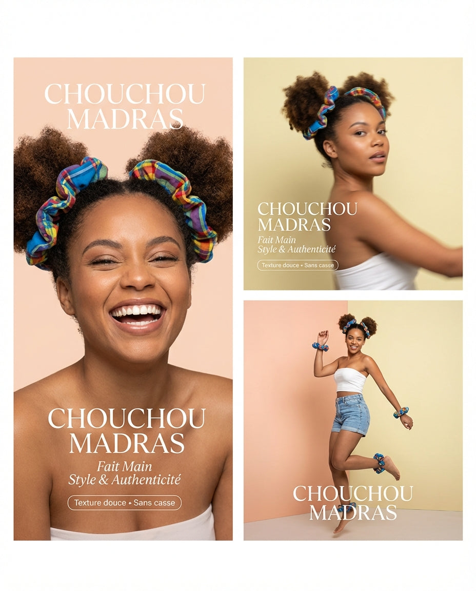 Chouchou madras fait main aux couleurs de la Martinique inclus dans la Box Noalíss pour femme 