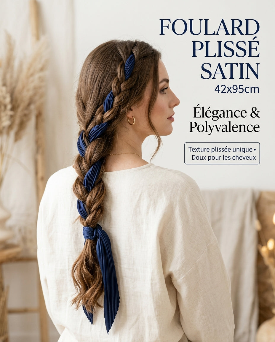 Femme de dos avec foulard satiné bleu dans les cheveux accessoire box Noalíss
